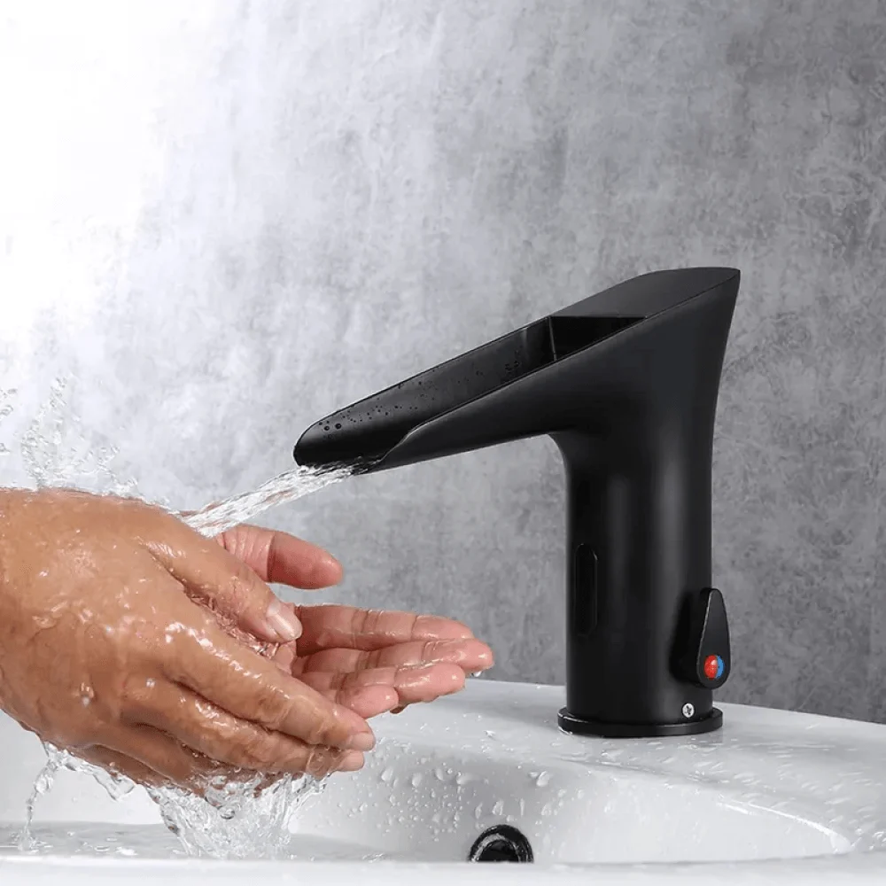 Touchless Electronic Waterfall Bathroom Tap in Matte Black -Bathlova