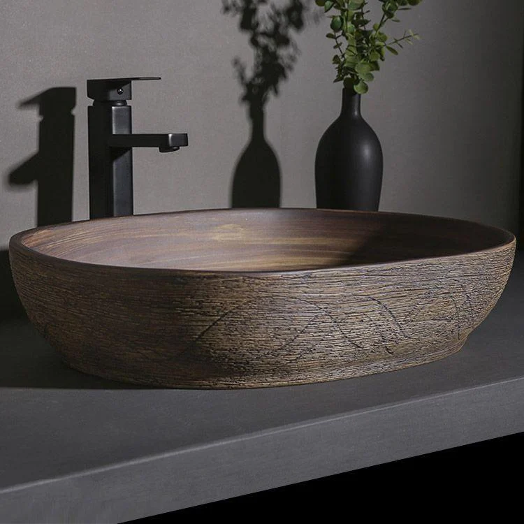 Traditional Bathroom Sink Porcelain Oval-Shape Vessel Lavatory Sink with Pop-Up Drain -Bathlova