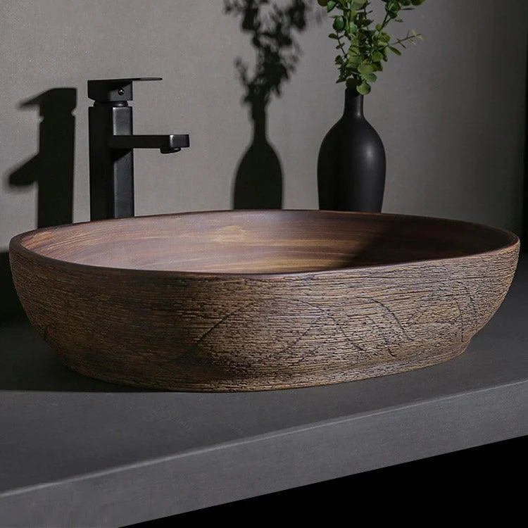 Traditional Bathroom Sink Porcelain Oval-Shape Vessel Lavatory Sink with Pop-Up Drain -Bathlova