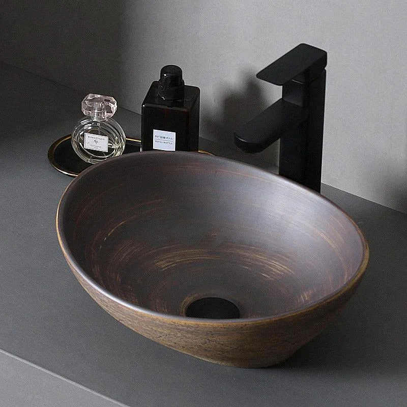 Traditional Bathroom Sink Porcelain Oval-Shape Vessel Lavatory Sink with Pop-Up Drain -Bathlova