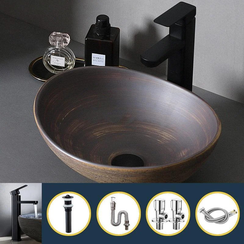 Traditional Bathroom Sink Porcelain Oval-Shape Vessel Lavatory Sink with Pop-Up Drain -Bathlova