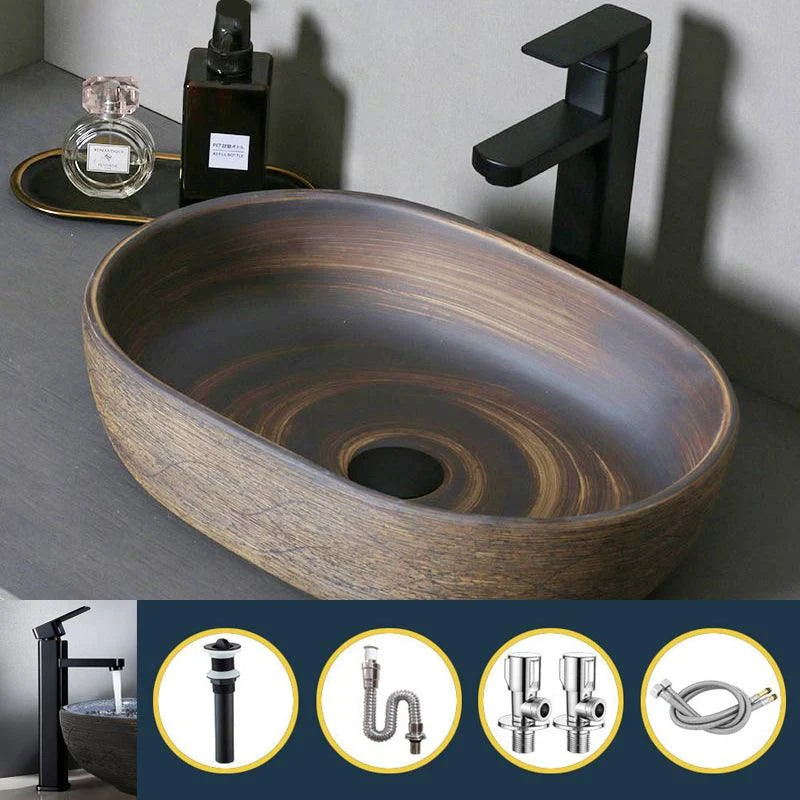 Traditional Bathroom Sink Porcelain Oval-Shape Vessel Lavatory Sink with Pop-Up Drain -Bathlova