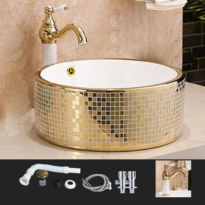 Traditional Bathroom Sink Porcelain Round Vessel Lavatory Sink with Pop-Up Drain -Bathlova