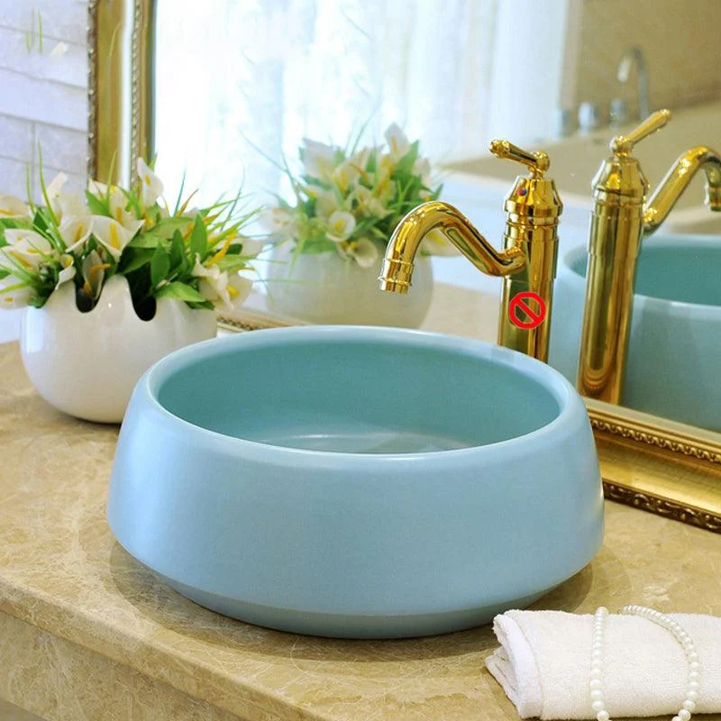 Traditional Bathroom Sink Porcelain Round Vessel Sink with Pop-Up Drain -Bathlova