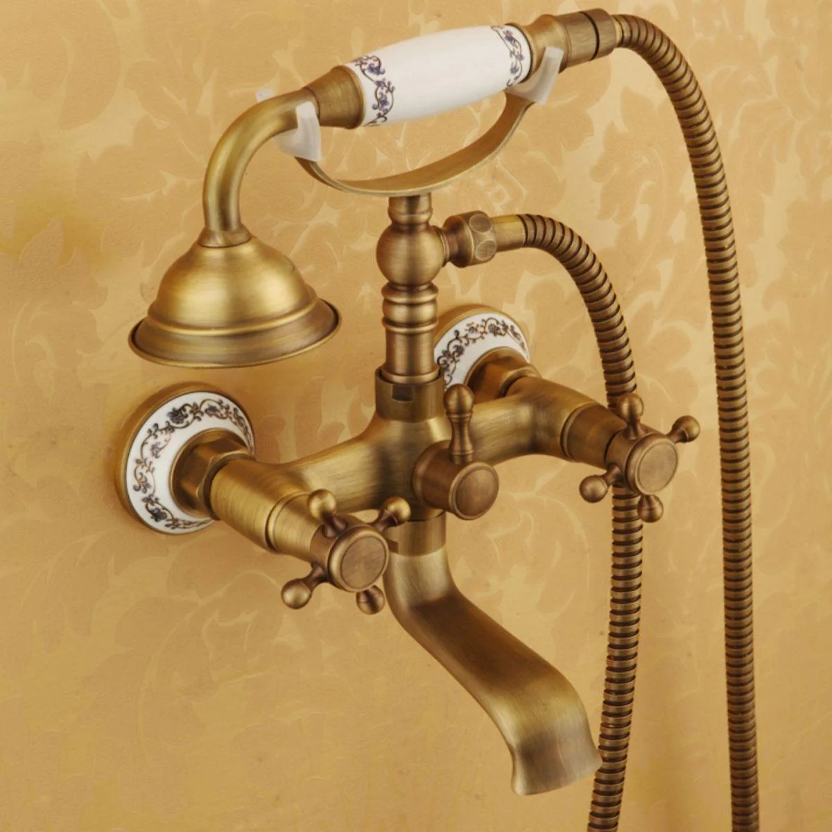 Traditional Floor Mounted Metal Freestanding Tub Filler Double Handles Bathtub Tap -Bathlova