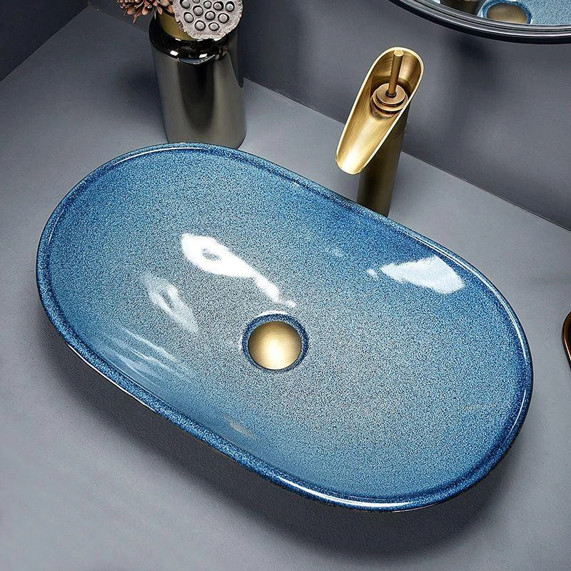 Traditional Vessel Bathroom Sink Oval Porcelain with Overflow and Drain Assembly Vessel -Bathlova