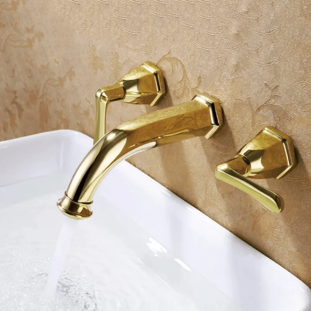 Traditional Wall Mounted Bathroom Tap in Gold Finish - Double Handle Solid Brass -Bathlova