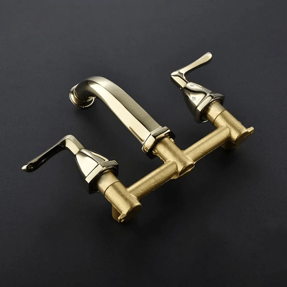 Traditional Wall Mounted Bathroom Tap in Gold Finish - Double Handle Solid Brass -Bathlova