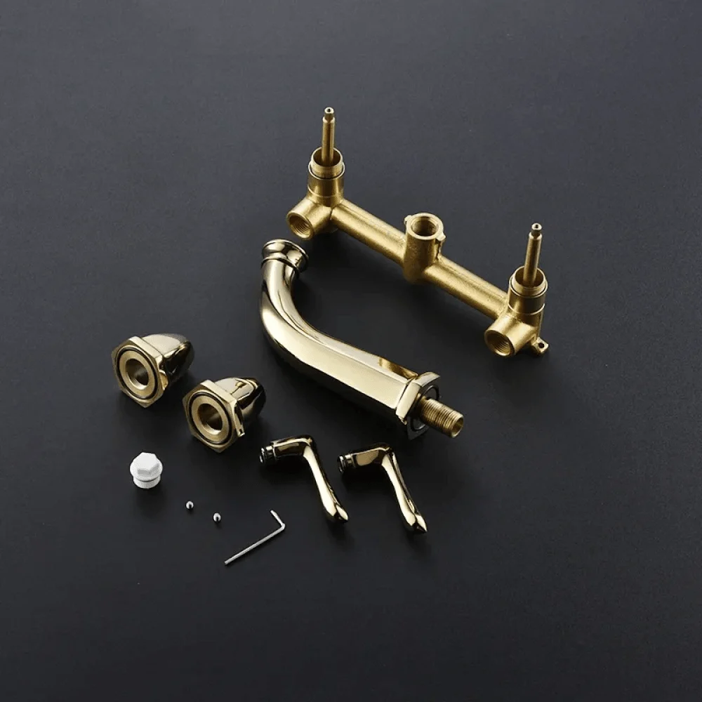 Traditional Wall Mounted Bathroom Tap in Gold Finish - Double Handle Solid Brass -Bathlova