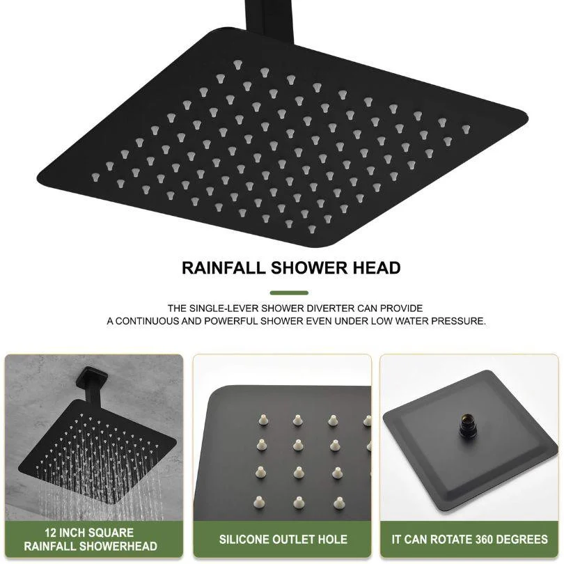 Ultra-thin Matte black 12" Square Rainfall Shower Head with Handheld -Bathlova