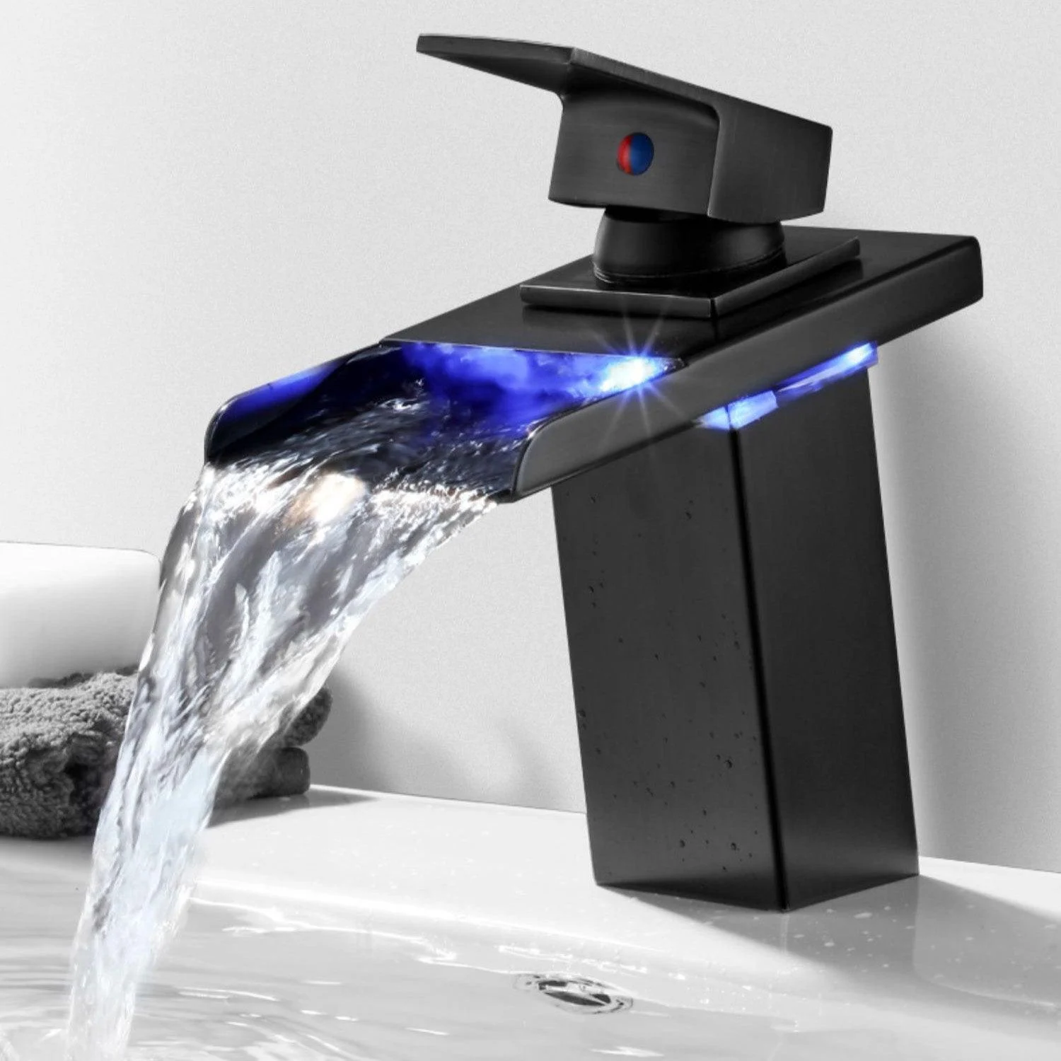 Vanity Sink Tap Waterfall Spout Single Handle Tap with LED Light -Bathlova