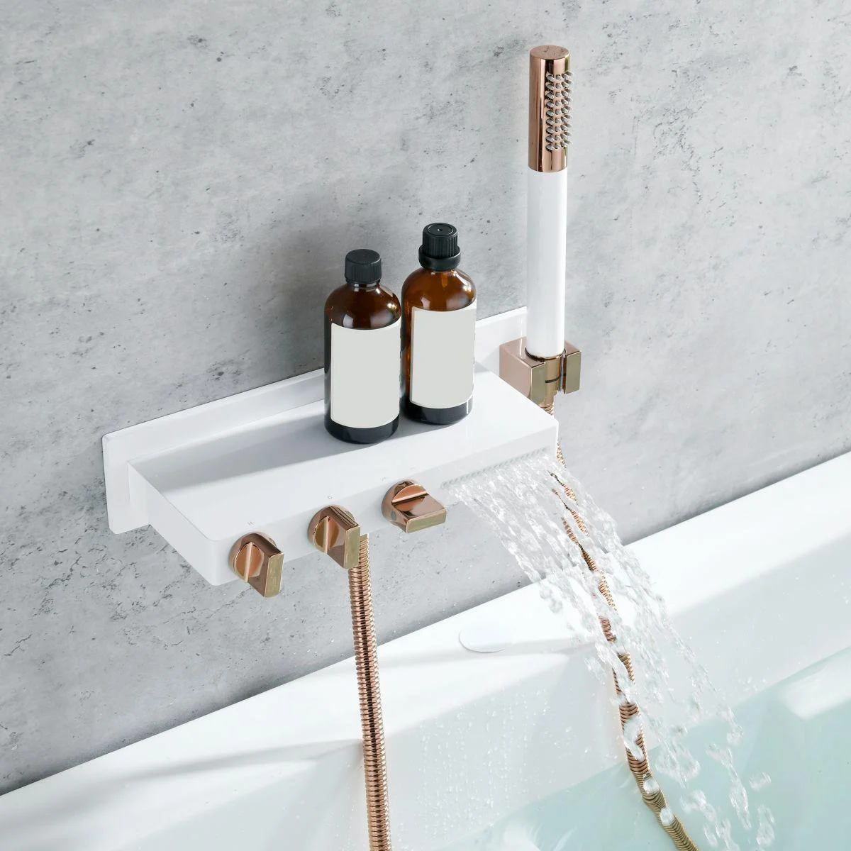 Wall Mount Tub Filler Modern Brass Triple Knob Handle Waterfall Tub Filler with Handshower -Bathlova