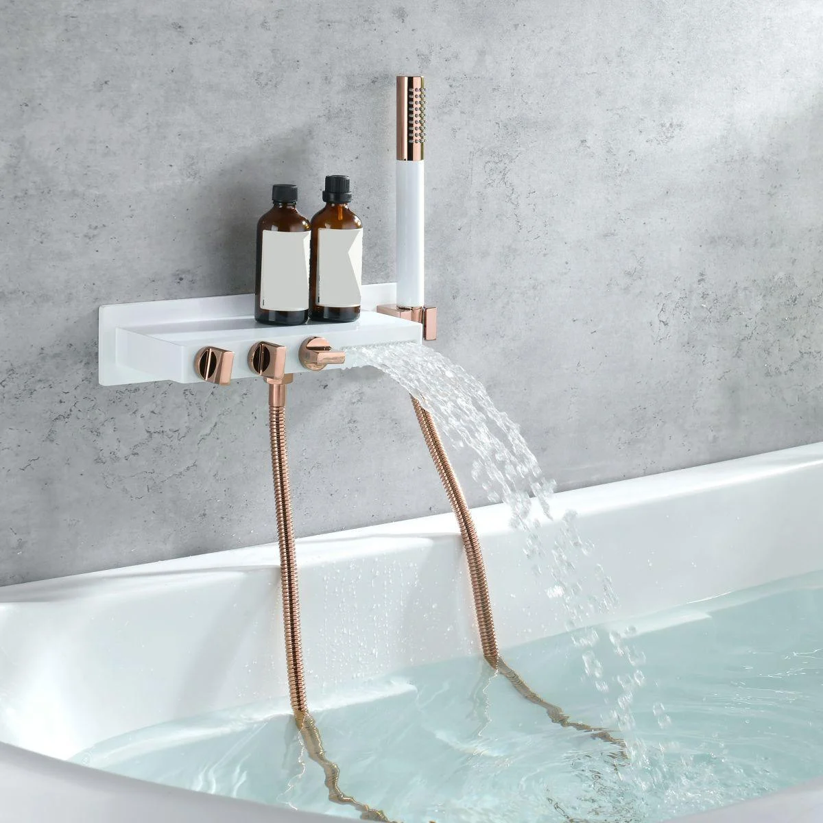 Wall Mount Tub Filler Modern Brass Triple Knob Handle Waterfall Tub Filler with Handshower -Bathlova