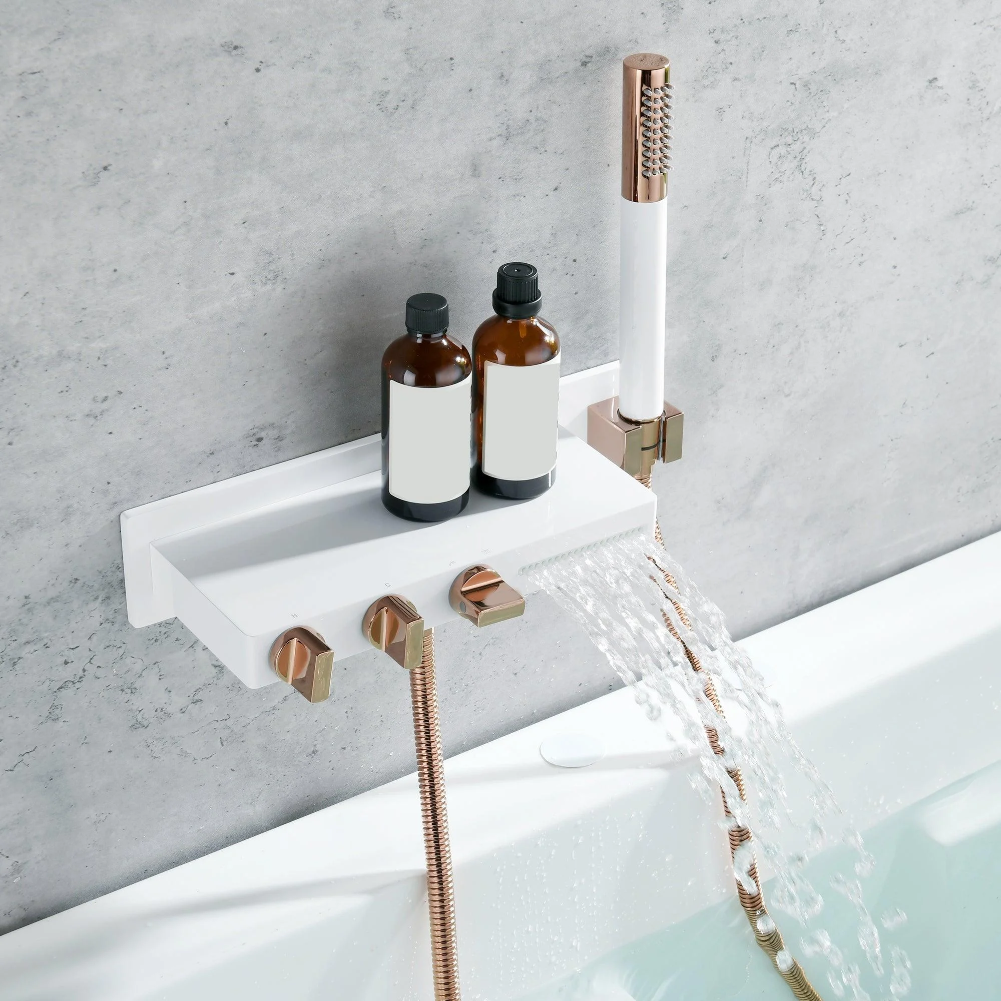 Wall Mount Tub Filler Modern Brass Triple Knob Handle Waterfall Tub Filler with Handshower -Bathlova