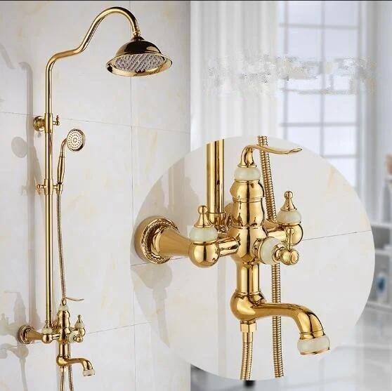 Wall Mounted 12" Golden Rainfall Shower & Handshower Tap -Bathlova