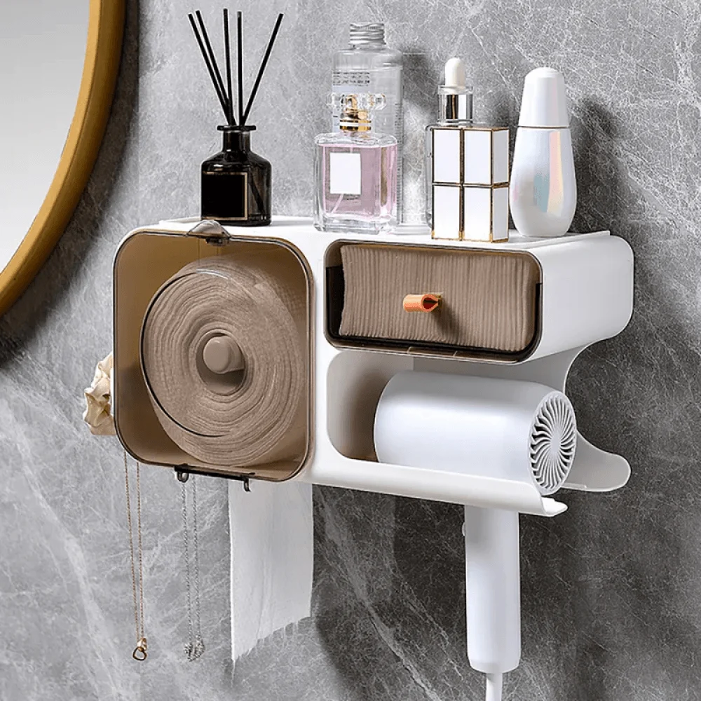 Wall Mounted Bathroom Double-Layer Toilet Paper Holder with Tray Top & Drawer - Tissue Box -Bathlova