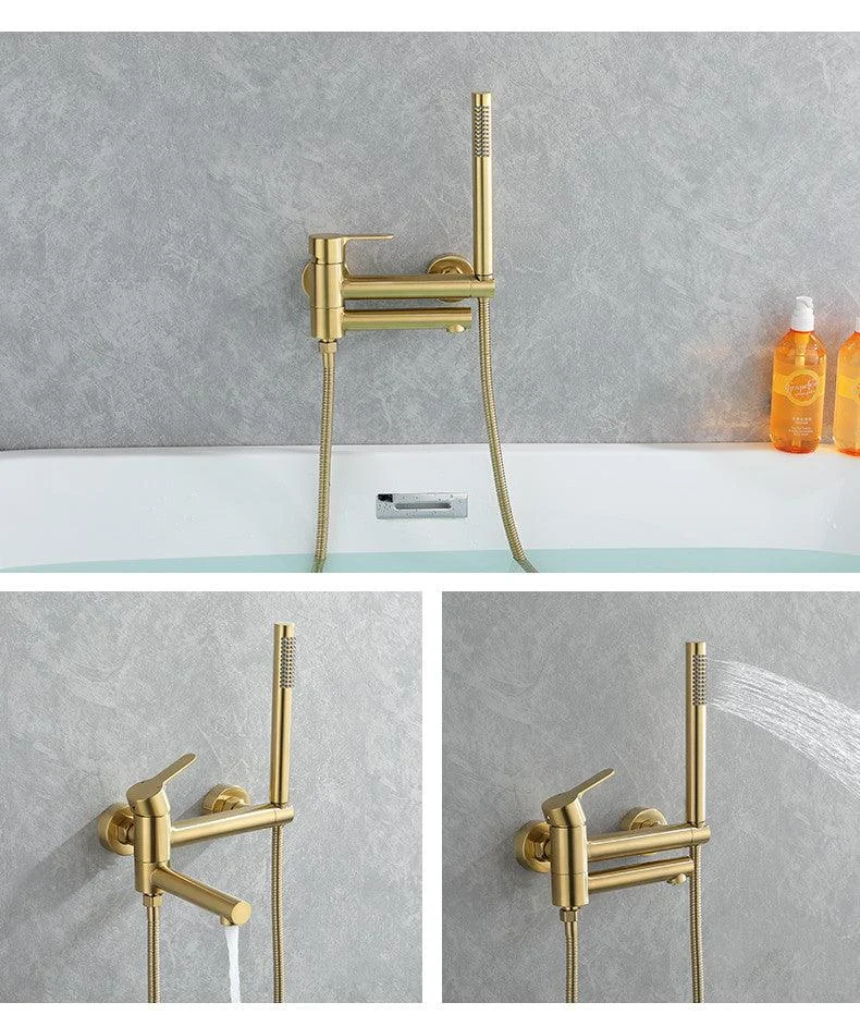 Wall Mounted Brass Bathtub Set Brush Gold Black Foldable Round Tap -Bathlova