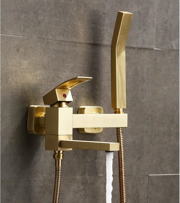 Wall Mounted Brass Bathtub Tap Set Brush Gold Brass Square -Bathlova