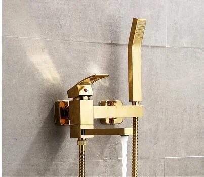 Wall Mounted Brass Bathtub Tap Set Brush Gold Brass Square -Bathlova