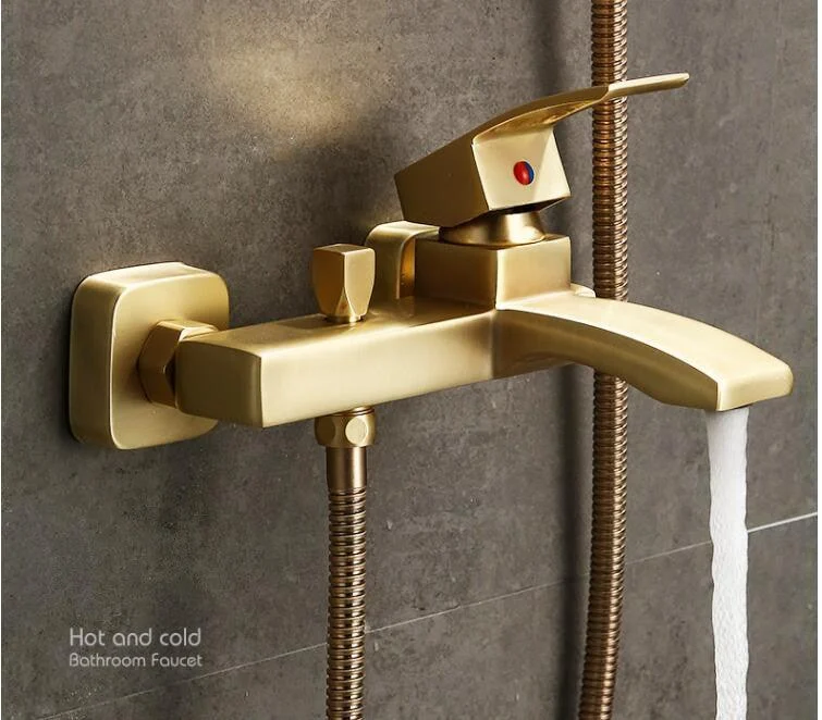 Wall Mounted Brass Bathtub Tap Set Brush Gold Brass Square -Bathlova