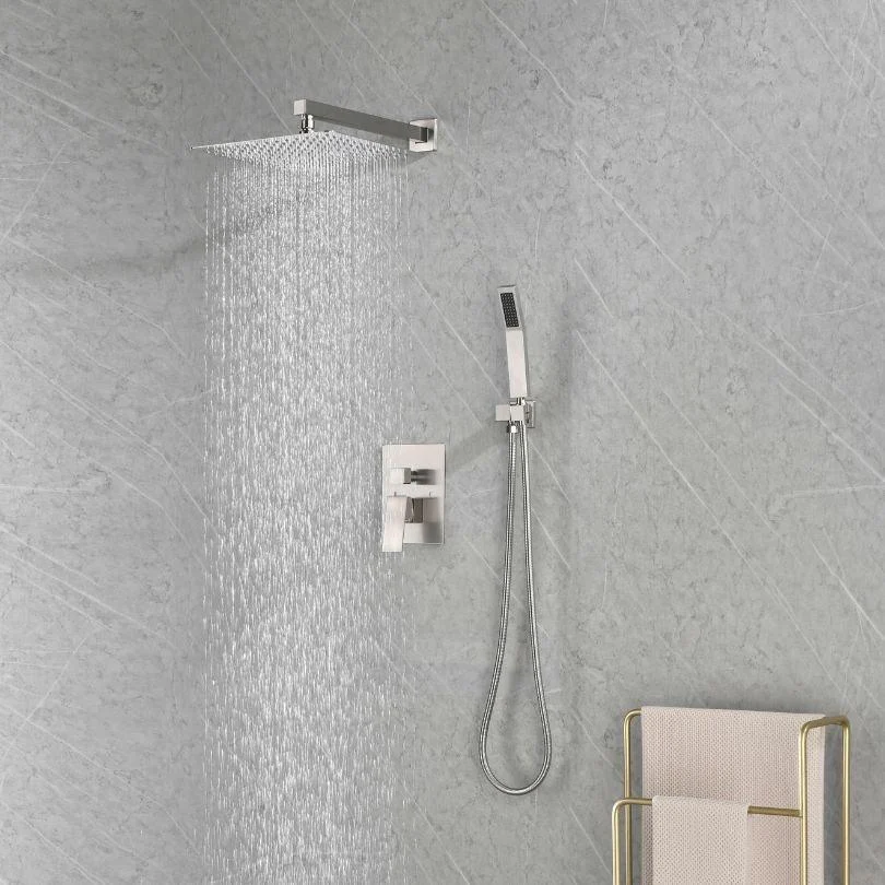 Wall Mounted Brushed Nickel Shower System with 12" Rain Shower Head, Hand Shower and Handles -Bathlova