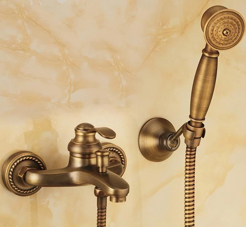 Wall Mounted Hand Held Antique Brass Shower Head With 4.9 Foot Hose -Bathlova