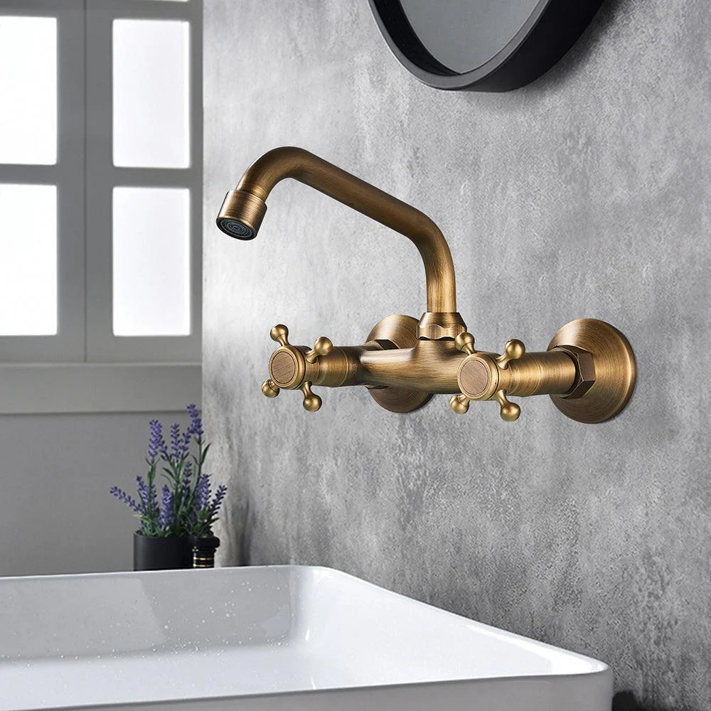 Wall Mounted Kitchen Tap Dual Handle Brass Antique Water Tap -Bathlova