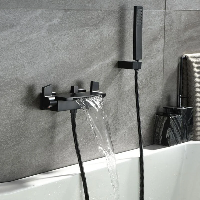 Wall Mounted Metal Tub Filler Low Arc Waterfall Double Handles Tub Tap Trim -Bathlova