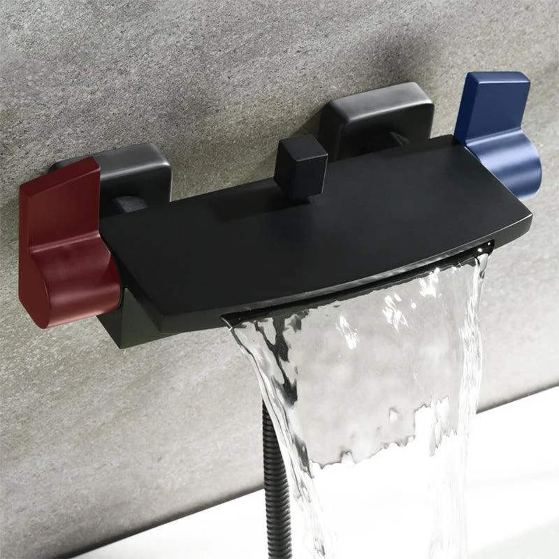 Wall Mounted Metal Tub Filler Low Arc Waterfall Double Handles Tub Tap Trim -Bathlova