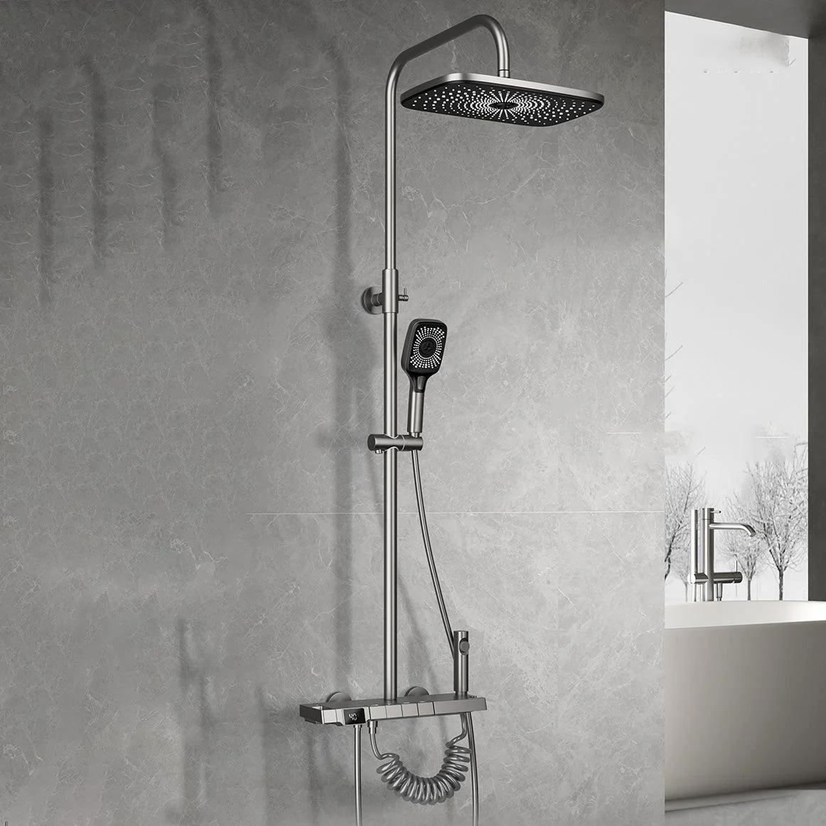 Wall Mounted Modern Square Metal Shower Brass Shower Head Shower Tap in Gray -Bathlova