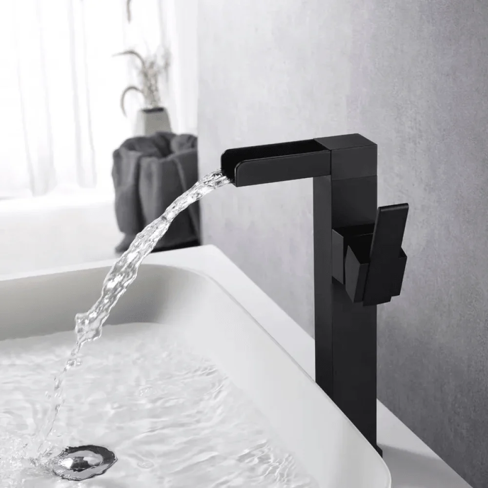 Waterfall 1-Handle Vessel Bathroom Tap in Matte Black - Solid Brass -Bathlova