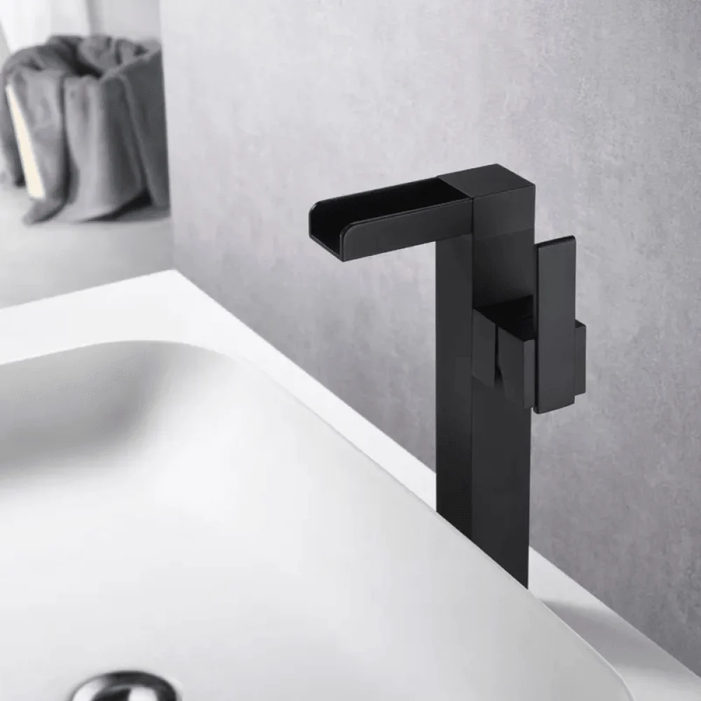 Waterfall 1-Handle Vessel Bathroom Tap in Matte Black - Solid Brass -Bathlova