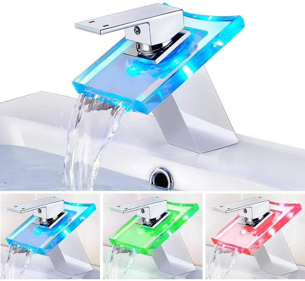 Waterfall LED Glass Basin Tap Color Changing By Water Temperature -Bathlova