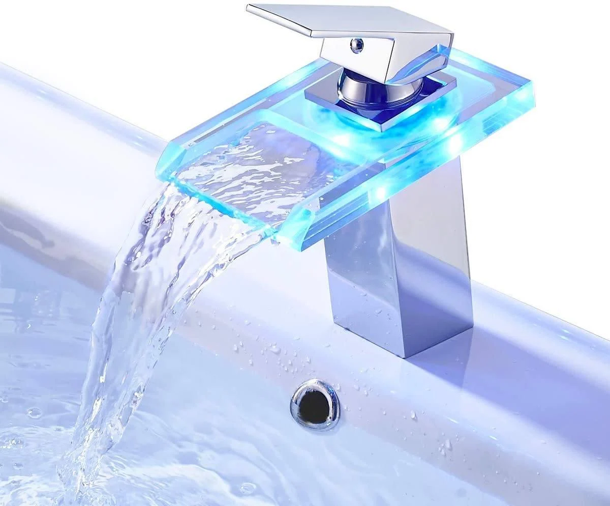 Waterfall LED Glass Basin Tap Color Changing By Water Temperature -Bathlova