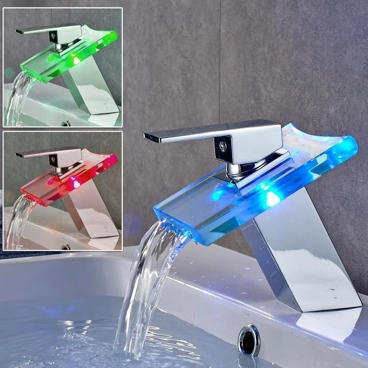 Waterfall LED Glass Basin Tap Color Changing By Water Temperature -Bathlova