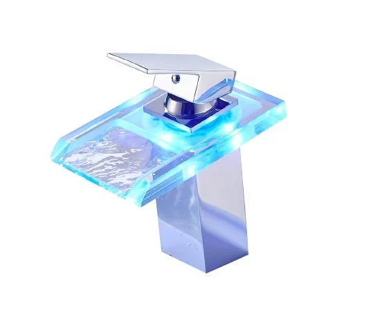 Waterfall LED Glass Basin Tap Color Changing By Water Temperature -Bathlova