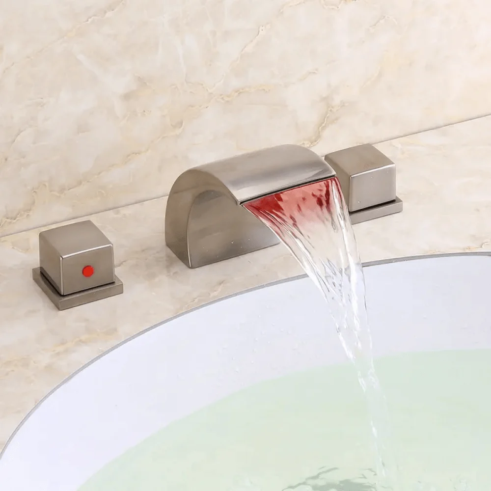 Waterfall LED Widespread Bathroom Tap in Brushed Nickel - Double-Handle -Bathlova