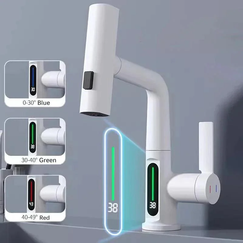 Waterfall Pull Out Kitchen Tap White Intelligent Digital Display Tap -Bathlova