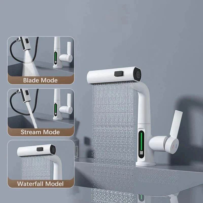 Waterfall Pull Out Kitchen Tap White Intelligent Digital Display Tap -Bathlova