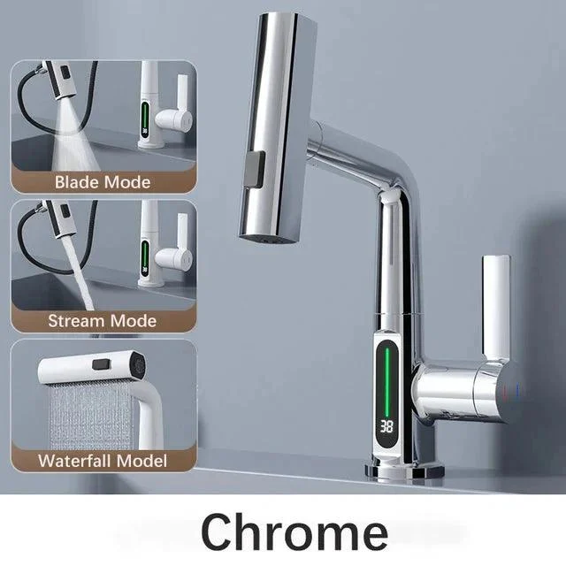 Waterfall Pull Out Kitchen Tap White Intelligent Digital Display Tap -Bathlova