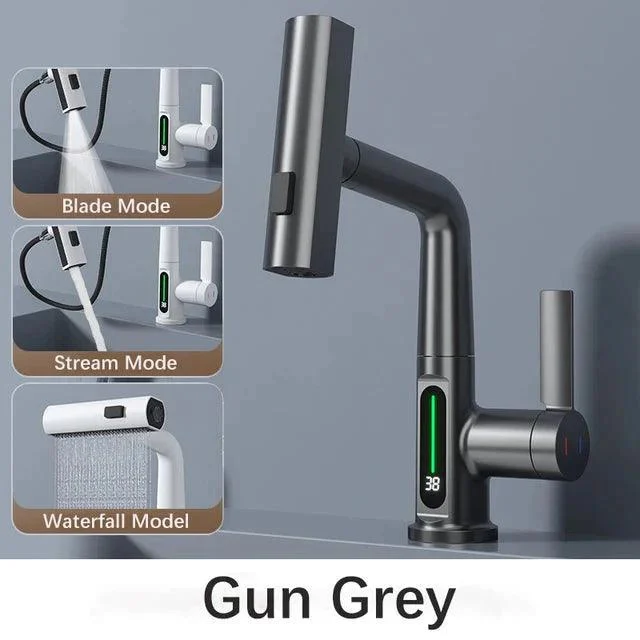 Waterfall Pull Out Kitchen Tap White Intelligent Digital Display Tap -Bathlova