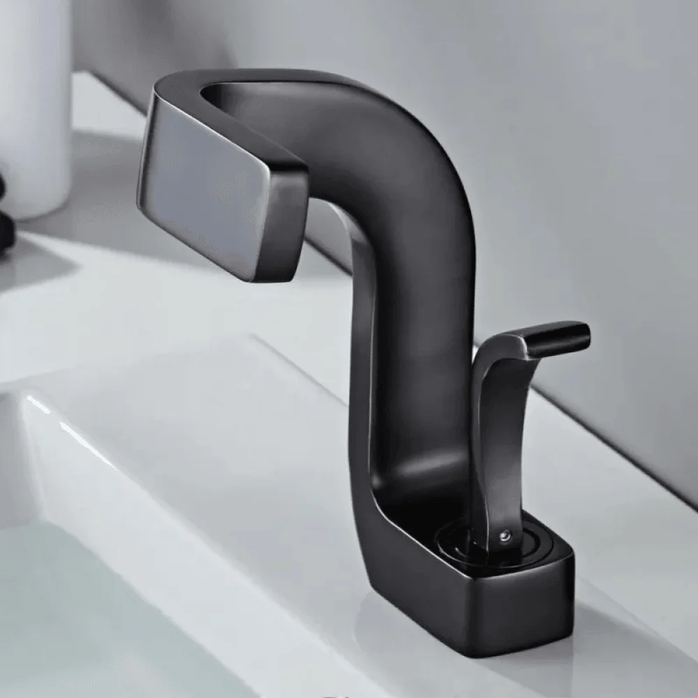 Waterfall Spout 1-Hole Bathroom Tap in Matte Black - Single Handle Solid Brass -Bathlova