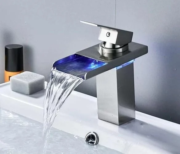 Waterfall Spout With A Single Handle Basin Tap Mixer Tap with LED Light -Bathlova