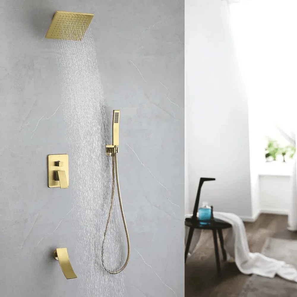 Waterfall Tub Spout Shower Tap Set with Rain Shower Head Wall Mounted in Brushed Gold -Bathlova