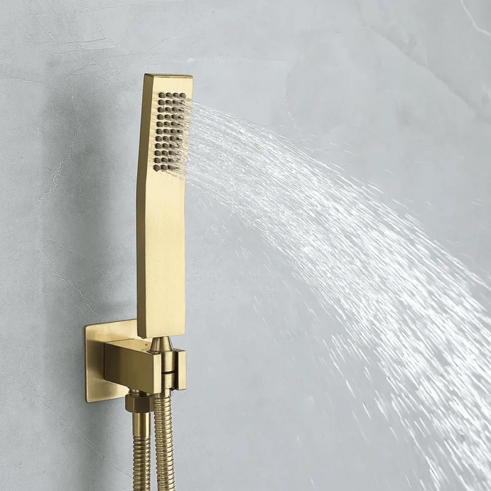 Waterfall Tub Spout Shower Tap Set with Rain Shower Head Wall Mounted in Brushed Gold -Bathlova