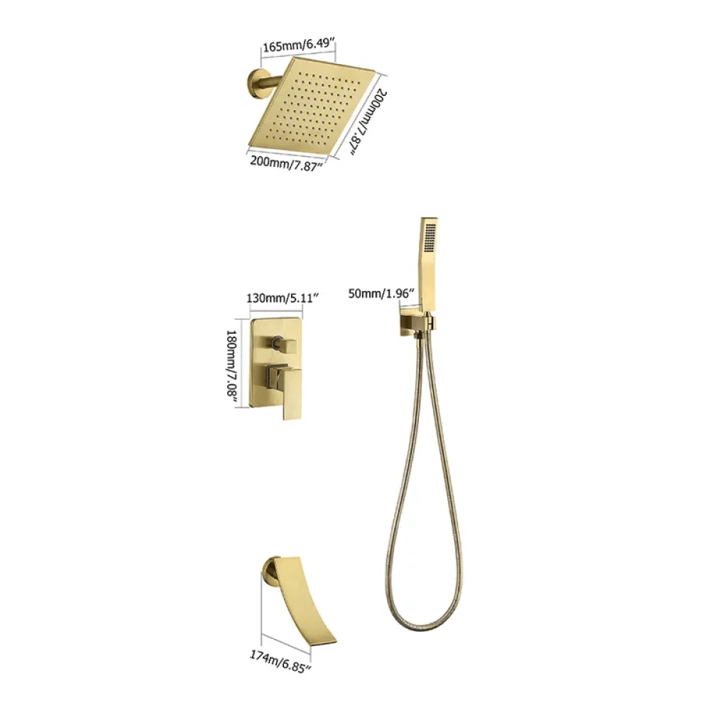 Waterfall Tub Spout Shower Tap Set with Rain Shower Head Wall Mounted in Brushed Gold -Bathlova