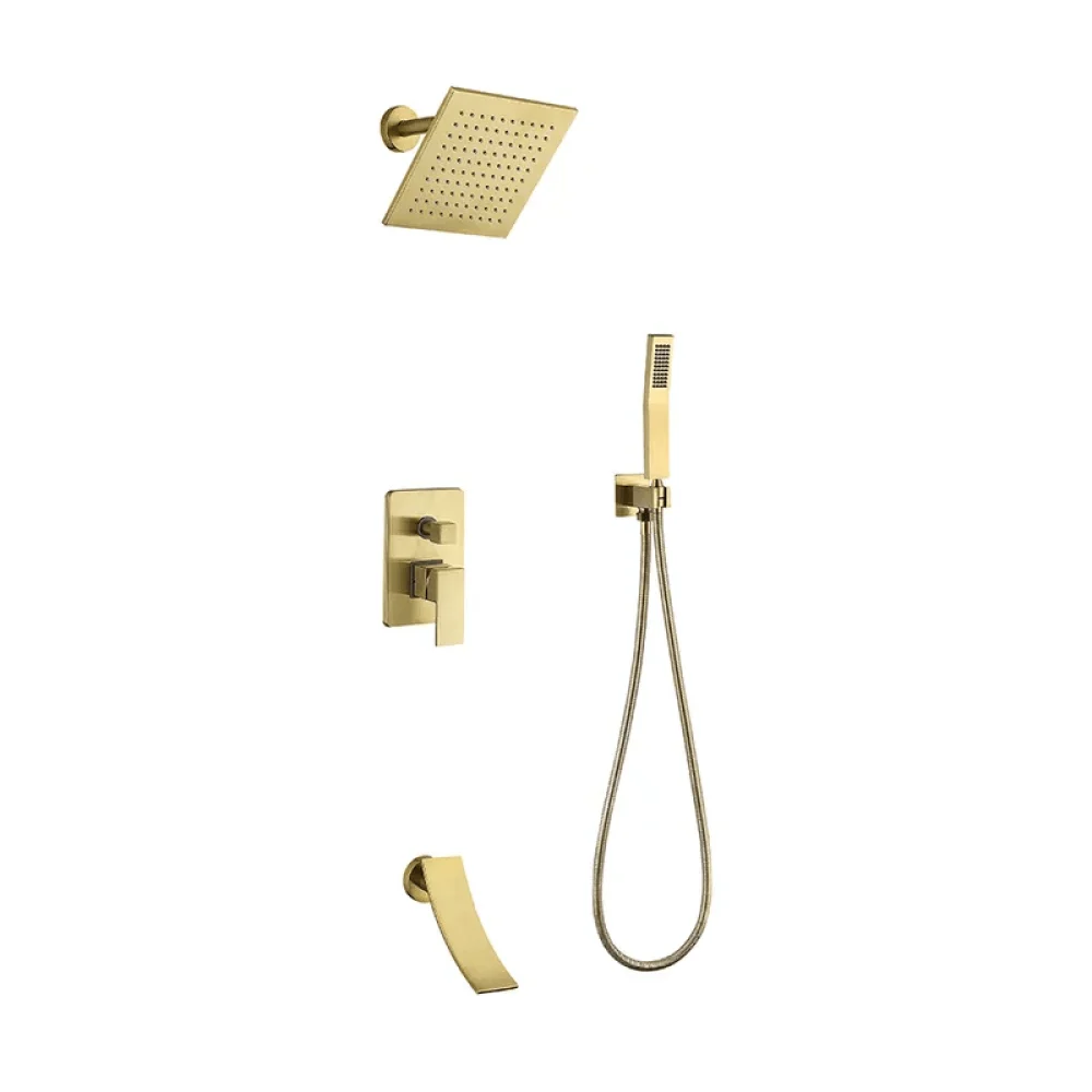 Waterfall Tub Spout Shower Tap Set with Rain Shower Head Wall Mounted in Brushed Gold -Bathlova