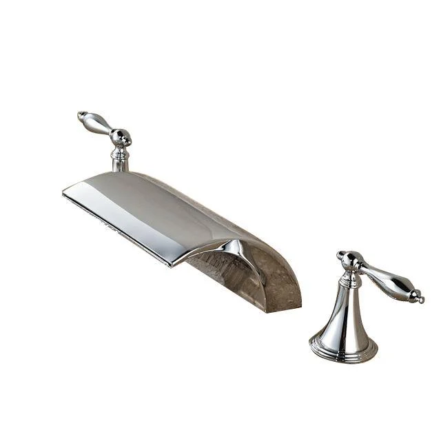 Waterfall Type Deck Mount Double Handle Bathroom Basin Tap in Chrome Finish -Bathlova