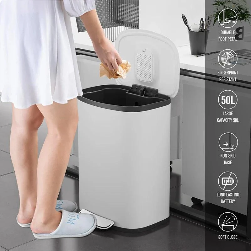 White 13 Gallon Trash Can with Foot Operated Pedal & Soft Close Lid - Curved Surface Trash Can -Bathlova