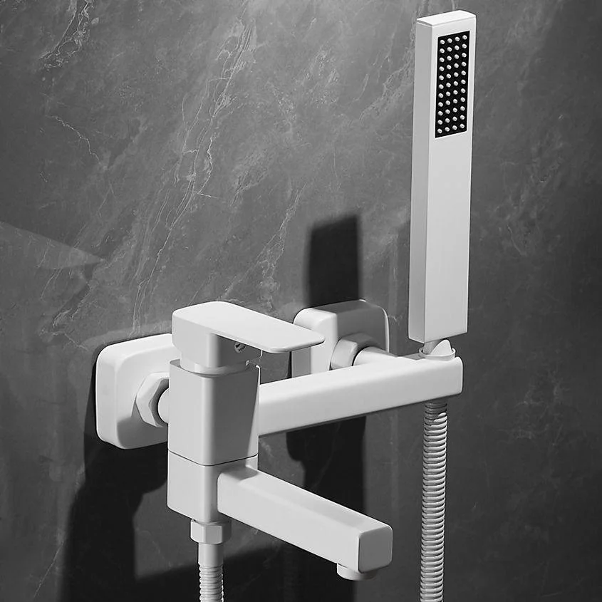 White Bath Tap Trim Single Lever Handle Swivel Spout Wall-Mounted Handshower Tub Filler -Bathlova